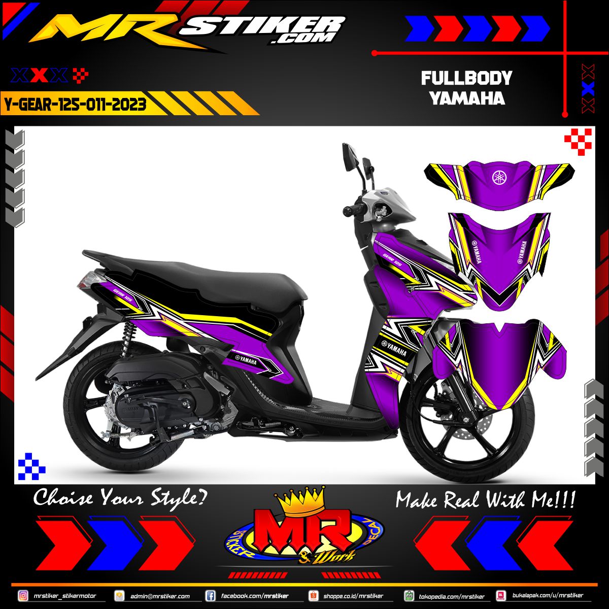 Stiker motor decal Yamaha Gear 125 FullBody Street Racing Line Yellow Purple Color Graphic 