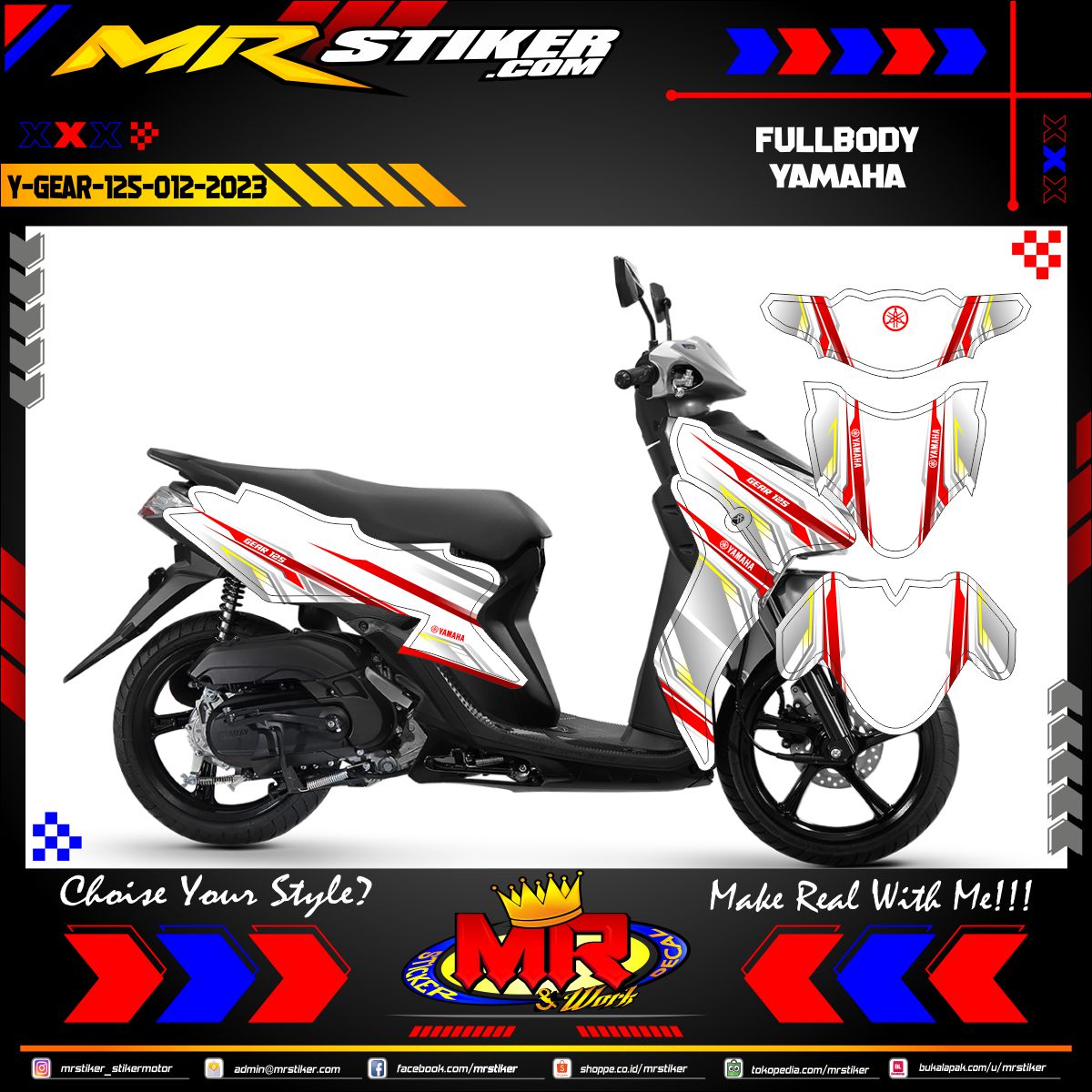 Stiker motor decal Yamaha Gear 125 FullBody White Red Line Techno Sporty Race