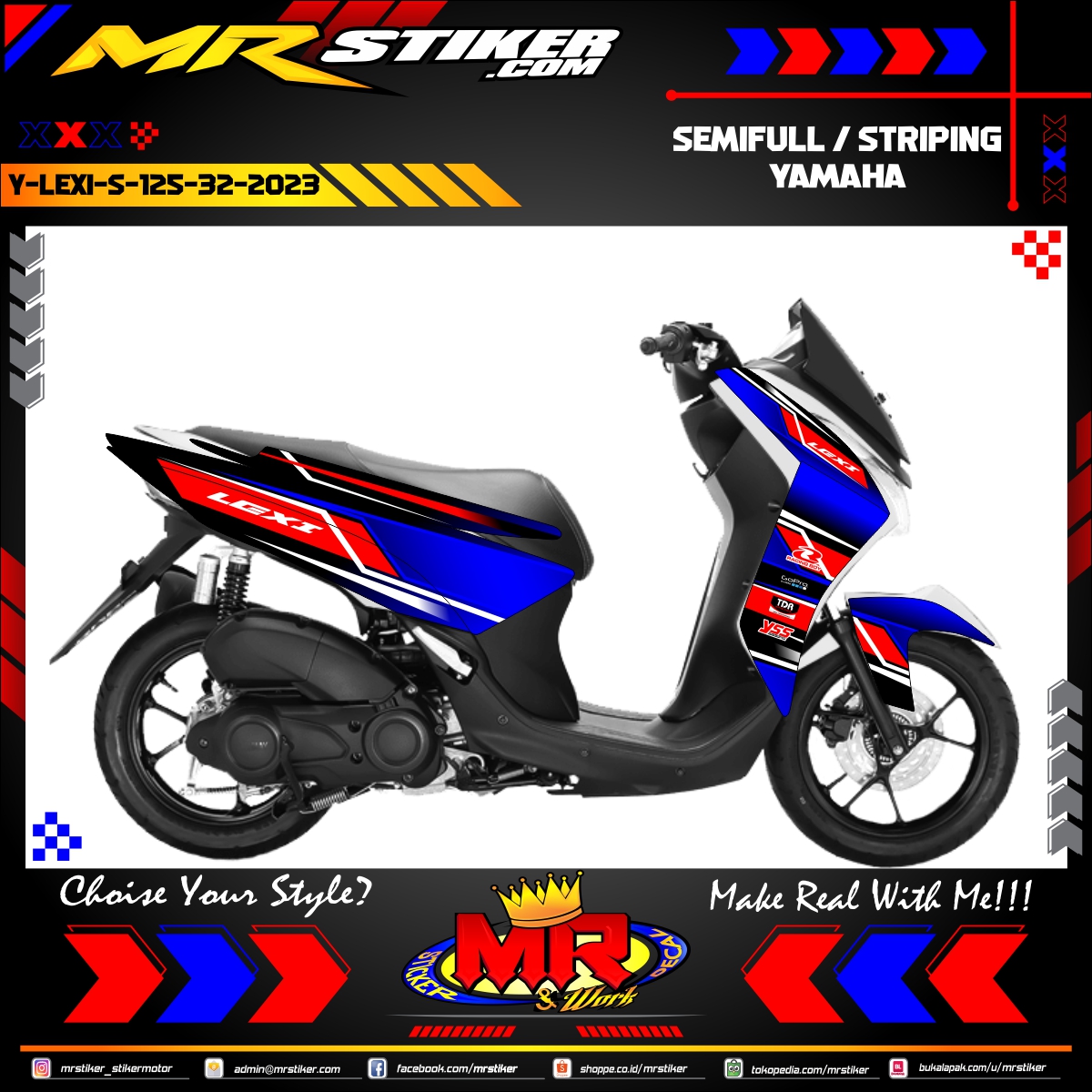 Stiker motor decal Yamaha Lexi S 125 Blue Red Techno Line Grafis Wrap