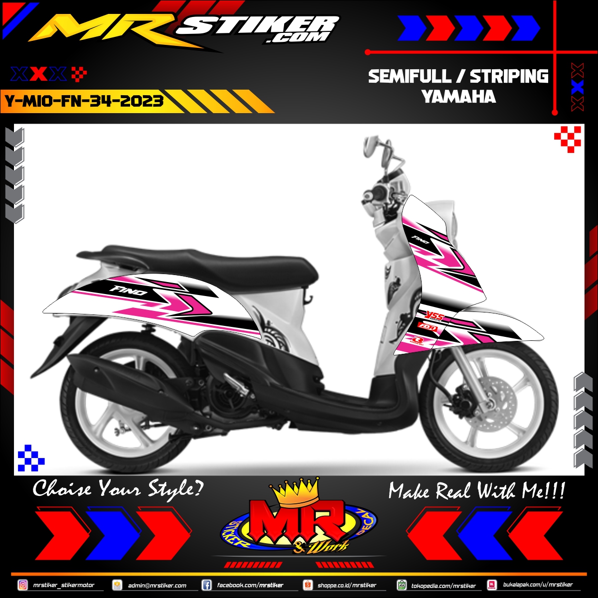 Stiker motor decal Yamaha Mio Fino White Pink Line Sporty Race Graphic Decal