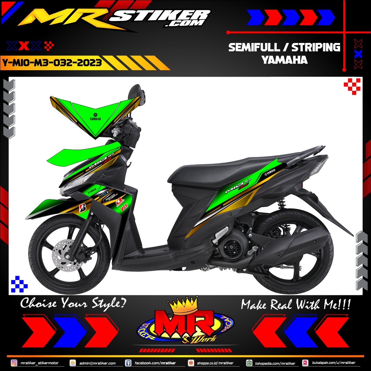 Stiker motor decal Yamaha Mio M3 Green Gold Line Racing Sporty Design