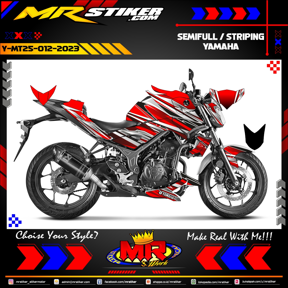 Stiker motor decal Yamaha MT 25 Red Line Abstrack Silver Matte Racing Graphic