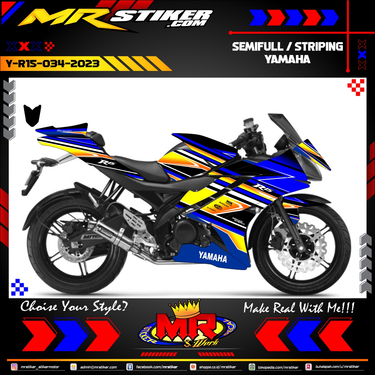 Stiker motor decal Yamaha R15 Blue Sporty Line Graphic Yellow Orange Tech Gradation