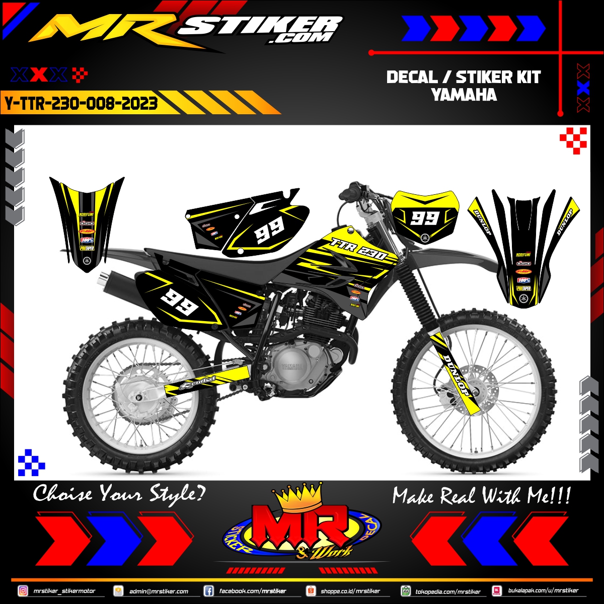 Stiker motor decal Yamaha TTR 230 Yellow Graphic Line Wrap Tracker Race