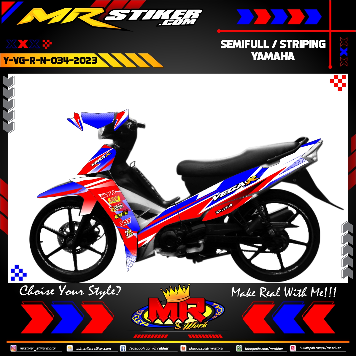 Stiker motor decal Yamaha Vega R New Red Blue Race Sporty SuperGlass White Carbon Graphic