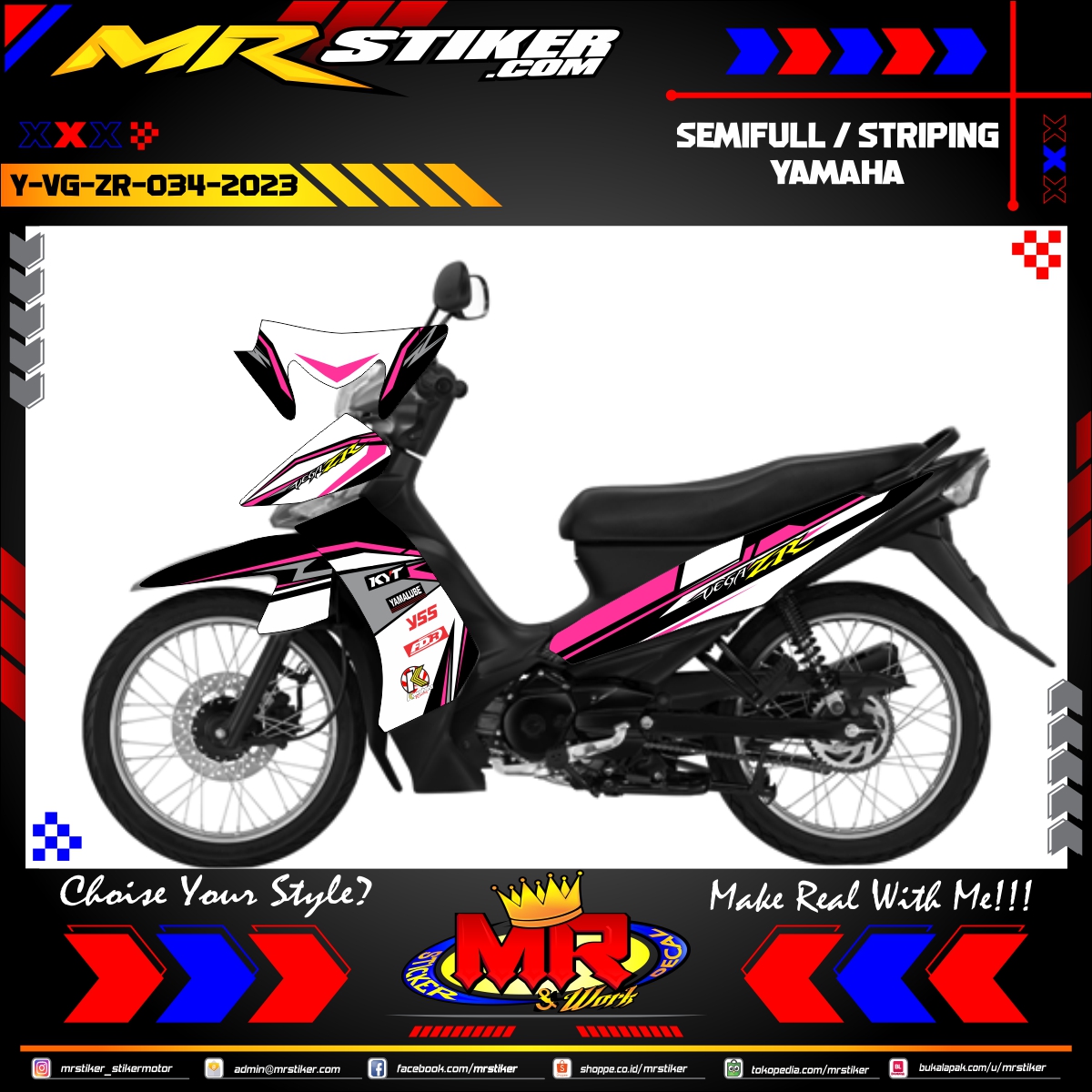Stiker motor decal Yamaha Vega ZR White Line Race Pink Sporty Line Graphic